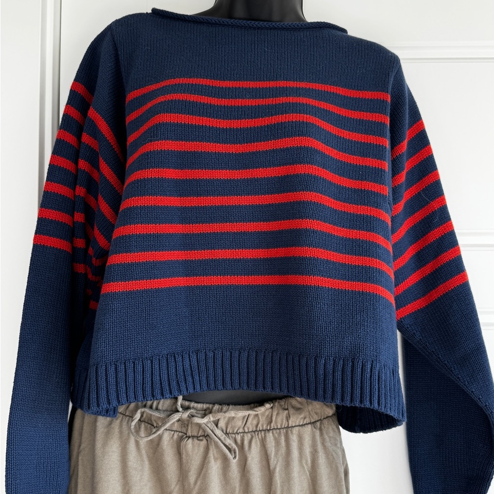 Madewell Navy and Red Striped Crew Neck Sweater